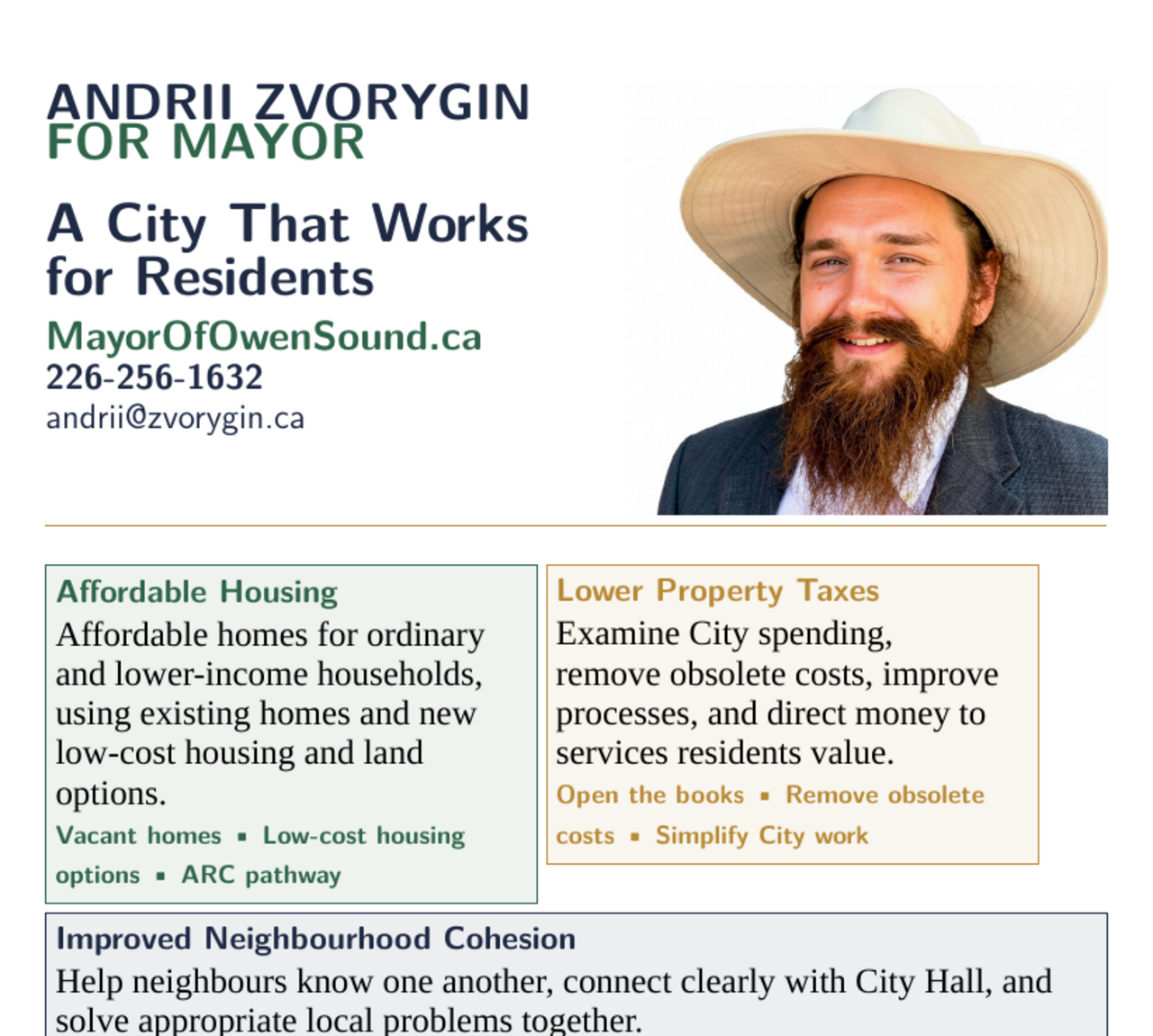 Top-half snapshot of the A City That Works for Residents current flagship campaign flyer, showing Andrii Zvorygin and the campaign outcomes