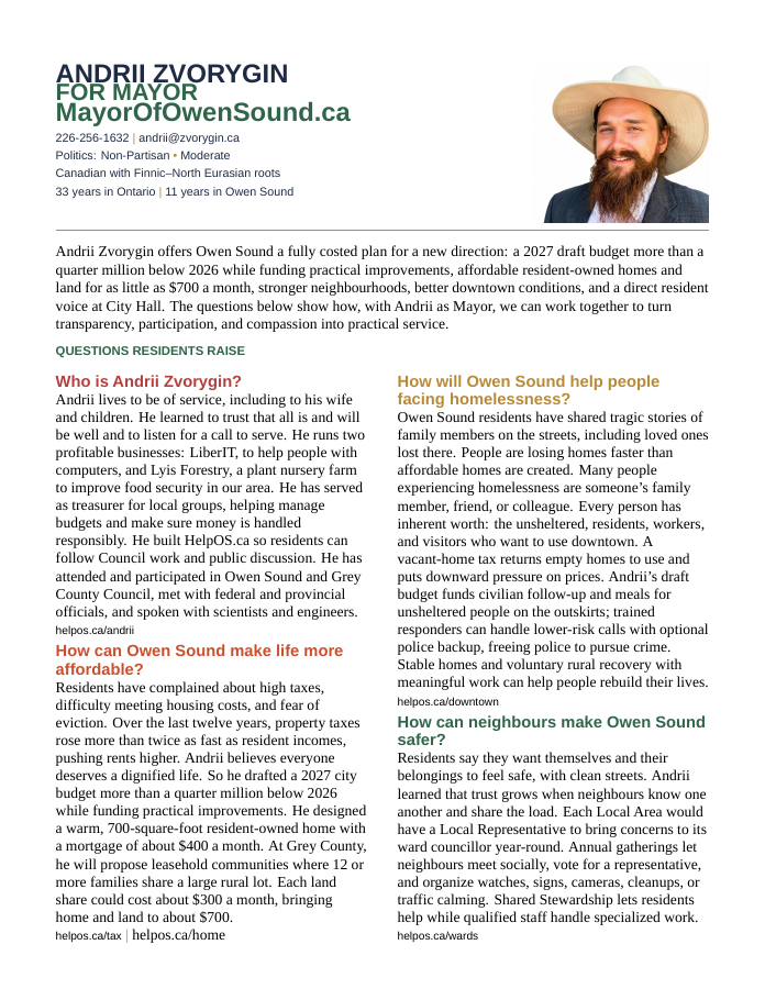 First page of the current Story Platform Flyer for Andrii Zvorygin, candidate for Mayor of Owen Sound